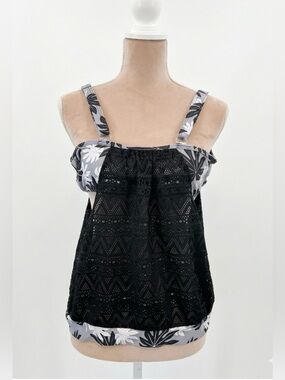 Women’s Layered Lace Mesh Tankini Swimsuit Top- Black, White, Gray- Size 1X